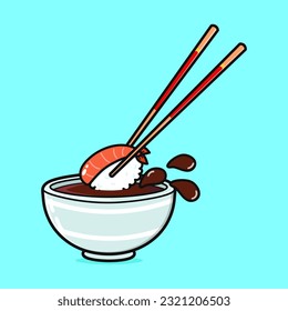 Cute funny Bowl of soy sauce. Vector hand drawn cartoon kawaii character illustration icon. Isolated on blue background. Happy Bowl of soy sauce character concept