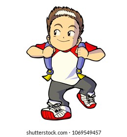 Cute and funny boy with backpack walking to the school - vector.