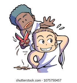 Cute and funny boy cutting hair while wearing ihram and doing umrah  - vector.