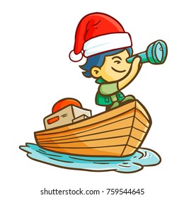Cute and funny boy doing adventure wearing Santa's hat for Christmas - vector.