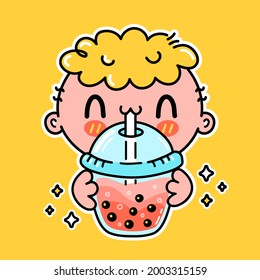 Cute funny boy drink bubble tea from cup. Vector hand drawn cartoon kawaii character illustration sticker logo icon. Asian boba, boy ande bubble tea drink cartoon character poster concept