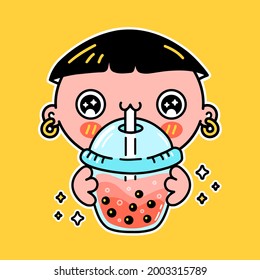 Cute funny boy drink bubble tea from cup. Vector hand drawn cartoon kawaii character illustration sticker logo icon. Asian boba, boy and bubble tea drink cartoon character poster concept