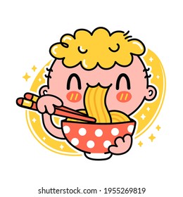 Cute funny boy eat noodles from bowl. Vector hand drawn cartoon kawaii character illustration icon. Isolated on white background. Asian food, japanese,korean noodle mascot cartoon character concept