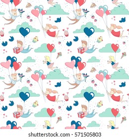 Cute funny boy and girl characters flying by heart shape balloons seamless pattern for Happy Valentine's Day with flowers, presents, sweets and clouds. Flat line design. Vector illustration.