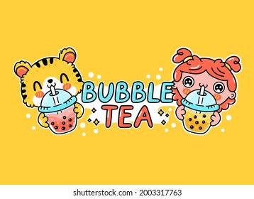 Cute funny boy and girl drink bubble tea from cup. Vector hand drawn cartoon kawaii character illustration sticker logo icon. Asian boba, bubble tea drink cartoon character logo poster concept