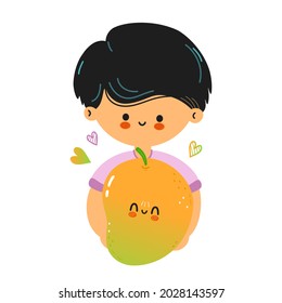 Cute funny boy hold mango in hand. Little boy hugs cute mango. Isolated on white background