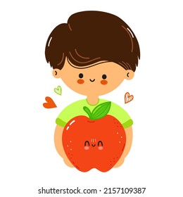 Cute funny boy hold red apple in hand. Little happy boy hugs cute red apple. Isolated on white background