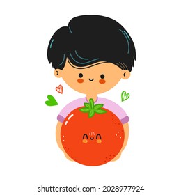 Cute funny boy hold tomato in hand. Little boy hugs cute tomato. Isolated on white background