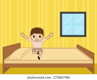 Cute Funny Boy Jumping on Bed