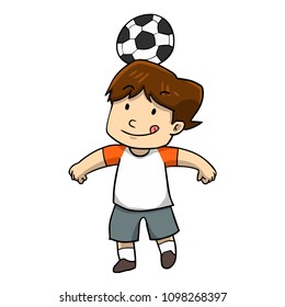 Cute and funny boy playing with ball on his head happily - vector.
