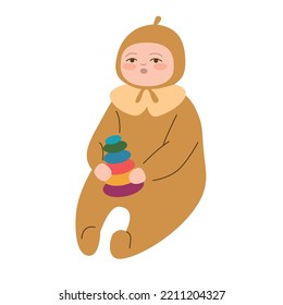 Un chico gracioso que juega con la ilustración plana vectorial de juguete piramidal. Un bebé colorido sostiene el anillo de la pila aislado en blanco. Juega con alegría a los niños en un juego educativo. Niño sonriente disfrutando de la niñez