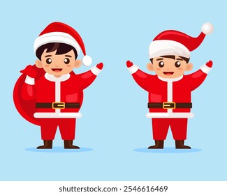 cute funny boy Santa Claus characters with gift bag and Christmas tree in different poses, emotions, holiday situations. Merry Christmas holiday vector illustration in flat cartoon style
