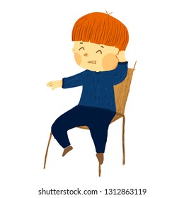 Cute and funny boy sitting and getting headache