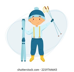 Cute funny boy Boy in ski equipment and skis with poles vector illustration. Children's activities. Kid goes skiing. Daily routine. Schedule. Illustration on abstract background