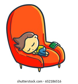 Cute and funny boy sleeping on a red big chair - vector.