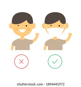 Cute funny boy wear with medical mask and without. Child in flue mask poster. Vector flat illustration isolated on white background. 