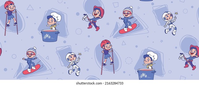 Cute and funny boys vector seamless pattern. Cartoon boy characters in different costumes design with flat color in different poses. Kids on abstract background