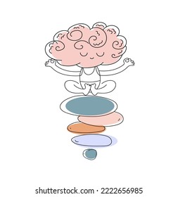  Cute funny brain character meditate sitting on stack of zen rock pyramid. Equality, Mental stability concept. Vector doodle illustration