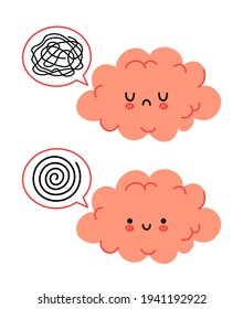 Cute funny brain character and speech bubble with messy thoughts. Vector hand drawn cartoon kawaii character illustration icon. Isolated on white background. Brain mental harmony character concept