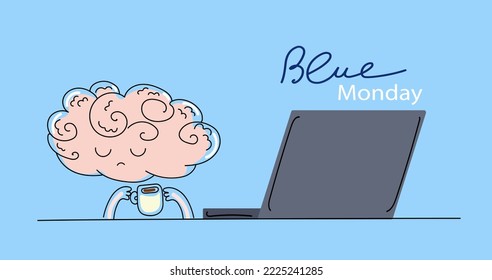  Cute funny brain character  tired and sleepy. Blue monday concept. Vector doodle flat cartoon  illustration for banner social media