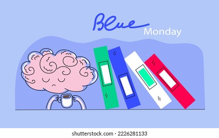  El gracioso personaje cerebral cansado y somnoliento. Lunes azul. Concepto de trabajo rutinario de oficina. Dibujo de caricatura plana con doodle vectorial para las redes sociales de carteles
