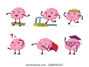 Bonito juego de personajes cerebrales divertidos. Patinaje de órganos del sistema nervioso del cerebro humano, correr en cinta de correr, hacer deporte, aprender ilustración vectorial de dibujos animados