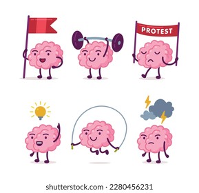 Cute funny brain characters set. Human brain nervous system organ protesting, lifting barbell, jumping with skipping rope cartoon vector illustration