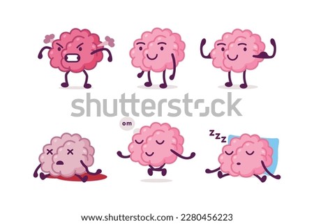 Cute funny brain characters set. Human brain nervous system organ in different situations cartoon vector illustration