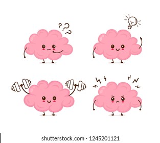 Cute funny brain emotions set.Vector flat cartoon character illustration icon desgin. Isolated on white background. Sketch style element. Brain stress, angry,have idea,train,questions concept