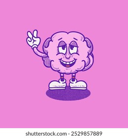 Cute funny brain retro character. Mental healt. Groovy, logo, icon, illustration, vector, sticker