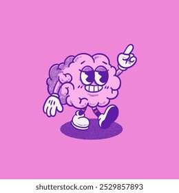 Cute funny brain retro character. Mental healt. Groovy, logo, icon, illustration, vector, sticker