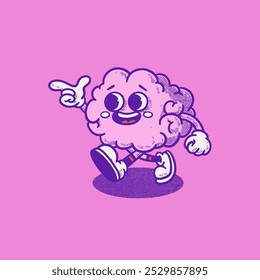 Cute funny brain retro character. Mental healt. Groovy, logo, icon, illustration, vector, sticker