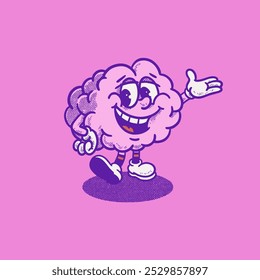 Cute funny brain retro character. Mental healt. Groovy, logo, icon, illustration, vector, sticker