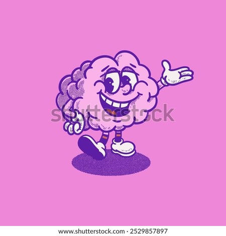 Cute funny brain retro character. Mental healt. Groovy, logo, icon, illustration, vector, sticker