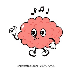 Cute funny brain walking singing character. Vector hand drawn traditional cartoon vintage,retro, kawaii character illustration icon. Isolated white background. Brain walk sing emoji,health,kids