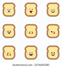 Cute funny bread character set collection. Vector flat line cartoon kawaii character illustration icon. Isolated on white background. Toast with face character mascot bundle concept