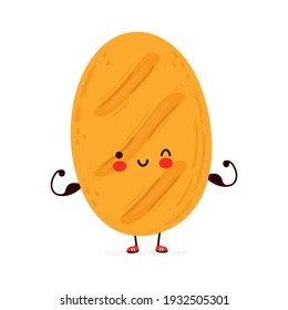 Cute funny Bread show muscle. Vector hand drawn cartoon kawaii character illustration icon. Isolated on white background. Bread fitness concept