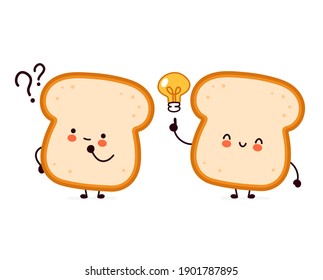 Cute funny bread toast character with question mark and idea lightbulb. Vector flat line cartoon kawaii character illustration icon. Isolated on white background. Toast face character mascot concept