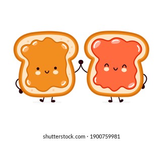 Cute funny bread toast with peanut butter and jam character. Vector flat line cartoon kawaii character illustration icon. Isolated on white background. Toast with face character mascot concept