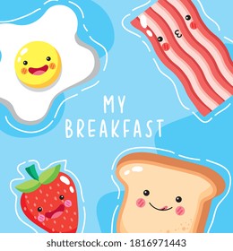 cute and funny breakfast icons smiling. Cartoon kawaii character. Isolated on pink background. vector illustration