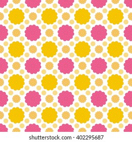 Cute funny bright background seamless pattern with many repeating stylized pink and yellow pastel flowers isolated on the white (transparent) background. Vector illustration eps