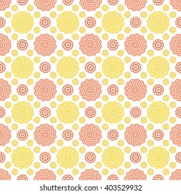 Cute funny bright background seamless pattern with many repeating stylized orange and yellow contour flowers isolated on the white (transparent) background. Vector illustration eps