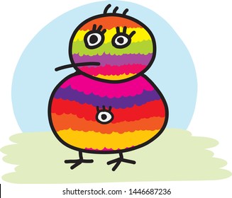 cute and funny bright colorful cartoon character of three haired, big eyes stripe kiwi bird with a big additional eye onb tummy. standing on light green grass and light blue sky. white background.