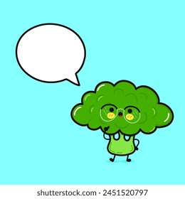 Cute funny Broccoli doing yoga with speech bubble. Vector hand drawn cartoon kawaii character illustration icon. Isolated on blue background. Happy Broccoli character concept