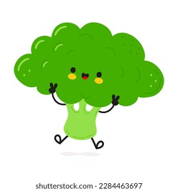 Cute lustige Broccoli Springcharakter. Vektorhandgezeichnete Cartoons kawaii Zeichentricksymbol. Einzeln auf weißem Hintergrund. Happy Broccoli-Zeichenkonzept