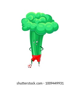 Cute funny broccoli playing soccer, vegetable character doing sport cartoon vector Illustration