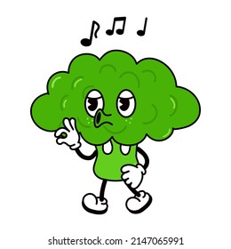 Cute Funny Broccoli Walking Singing Character. Vector Hand Drawn Traditional Cartoon Vintage,retro,kawaii Character Illustration Icon. Isolated White Background. Broccoli Cabbage Walk Sing Emoji,child