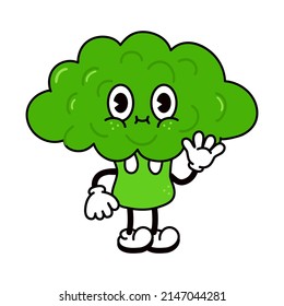 Cute Funny Broccoli Waving Hand Character.Vector Hand Drawn Traditional Cartoon Vintage,retro, Kawaii Character Illustration Icon. Isolated White Background. Broccoli Cabbage Emoji,child,adorable,kids