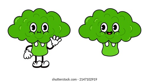 Cute Funny Broccoli Waving Hand Character.Vector Hand Drawn Traditional Cartoon Vintage,retro, Kawaii Character Illustration Icon. Isolated White Background. Broccoli Cabbage Emoji,child,adorable,kids