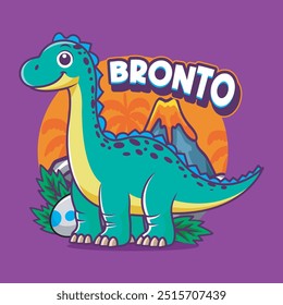Cute Funny Brontosaurus Dinosaur Character in Hand Drawn Vector Cartoon Illustration Design for sticker, badge, patch, banner, greeting card, invitation